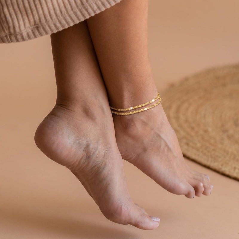 Robaice Ankle Bracelets for Women, Glitter Waterproof Adjustable Anklet for Women, 14K Gold Plated/Sterling Silver Layered Anklets, Summer Beach Anklet Jewelry for Women Gift - Image 3